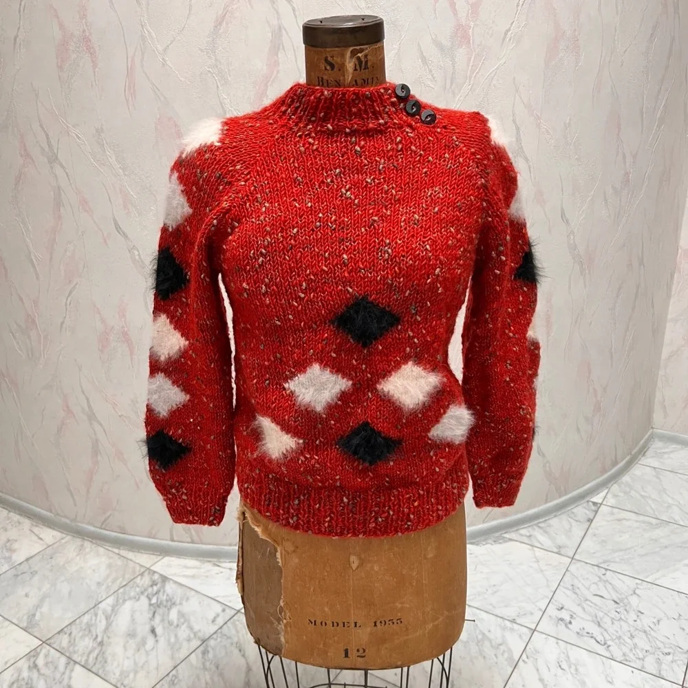 Handknitted Red Chunky Argyle Sweater Mock Neck Grannycore Cabin‎ Preppy Small
